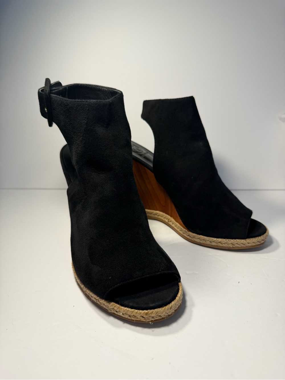 Tory Burch Black Suede Ankle Cuff Espadrille Wedge Sandals 5.5